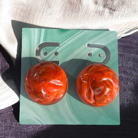 1970s Orange Marbled Half-Sphere Clip-On Earrings Retro Statement Jewelry - Picture 2 of 7